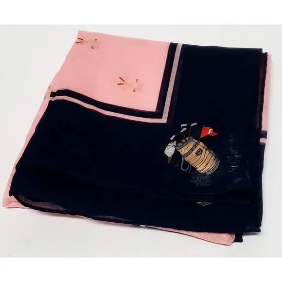 VTG Ralph Lauren Scarf Cotton Golf Clubs Bordered Pink/ Navy Printed 1980s Label - Picture 2 of 9